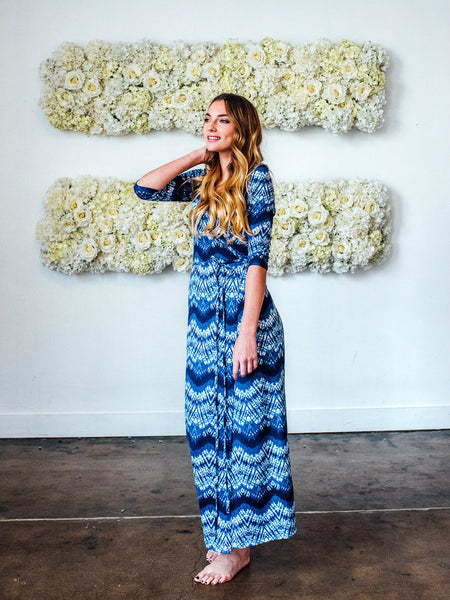 Waterfall Striped Chiffon Maxi Dress Blue