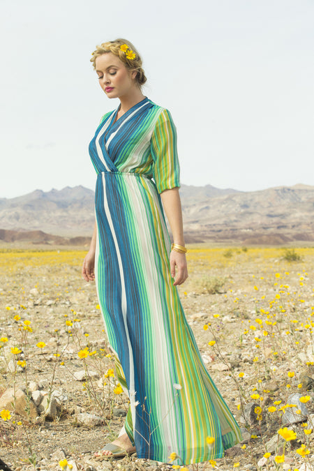 Waterfall Striped Chiffon Maxi Dress Blue