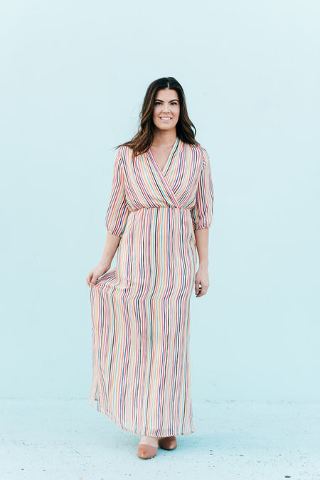 Waterfall Striped Chiffon Maxi Dress Blue