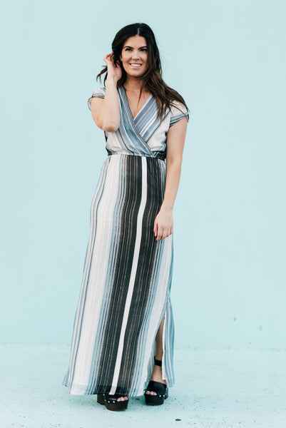 Waterfall Striped Chiffon Maxi Dress Blue